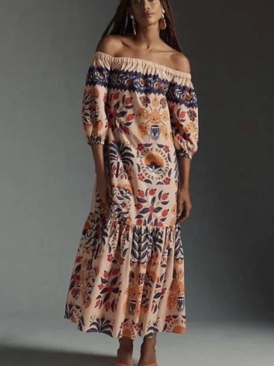 FARM Rio Dresses & Skirts - FARM Rio Peach Floral Off-Shoulder Maxi Dress